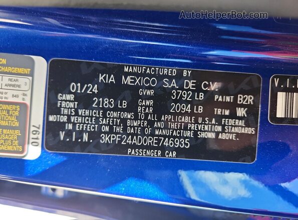 3KPF24AD0RE746935 2024 KIA FORTE Blue VIN կոդի պիտակի տեսք