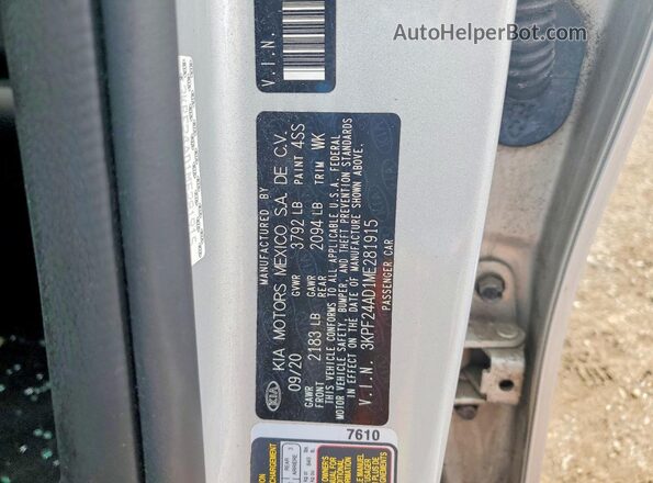 3KPF24AD1ME281915 2021 KIA FORTE Silver Widok naklejki z numerem VIN