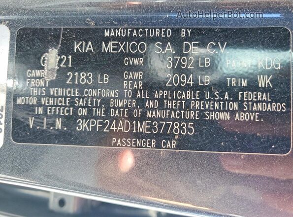 3KPF24AD1ME377835 2021 KIA FORTE Gray Vista de la etiqueta del VIN