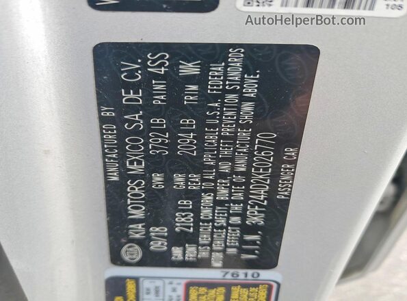 3KPF24AD2KE026770 2019 KIA FORTE Silver Widok komory silnika