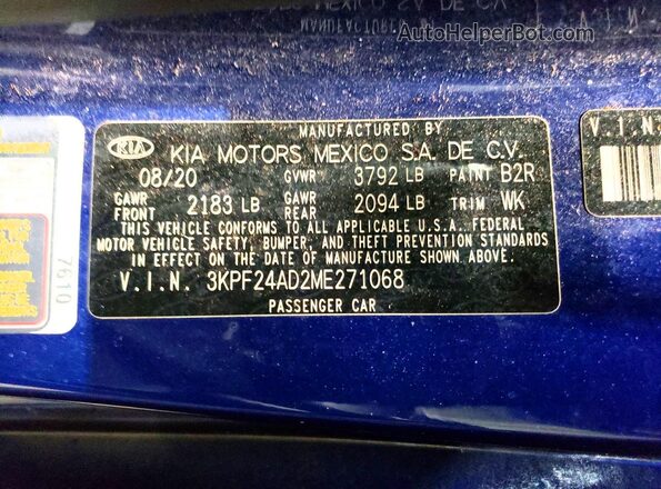 3KPF24AD2ME271068 2021 KIA FORTE Blue VIN կոդի պիտակի տեսք