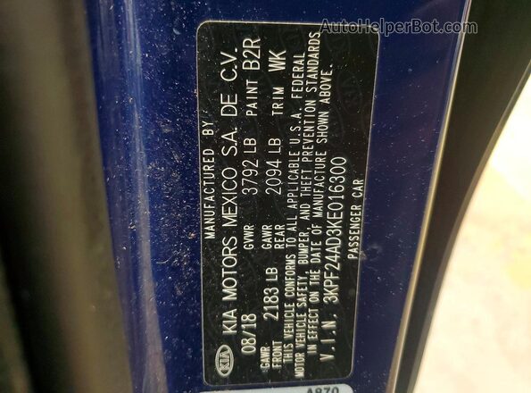 3KPF24AD3KE016300 2019 KIA FORTE Blue Vista del compartimento del motor