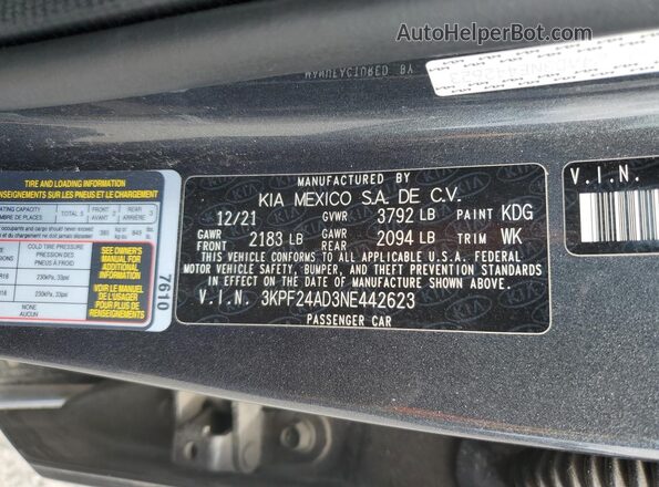 3KPF24AD3NE442623 2022 KIA FORTE Gray VIN კოდის სტიკერის ხედი