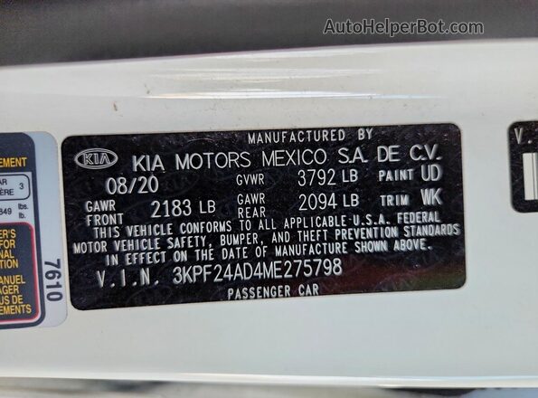 3KPF24AD4ME275798 2021 KIA FORTE White Շարժիչի բաժամունքի տեսք