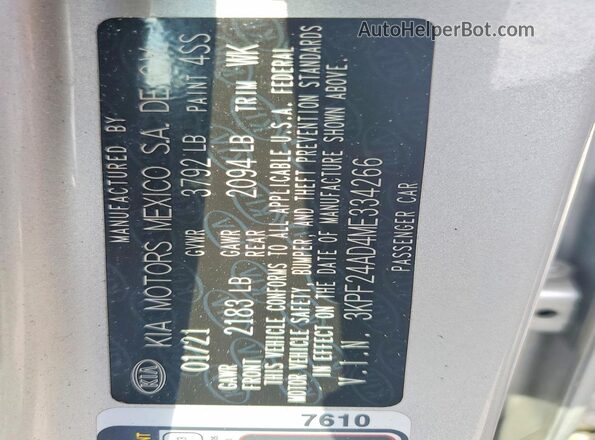 3KPF24AD4ME334266 2021 KIA FORTE Серебряный Вид наклейки с VIN-кодом