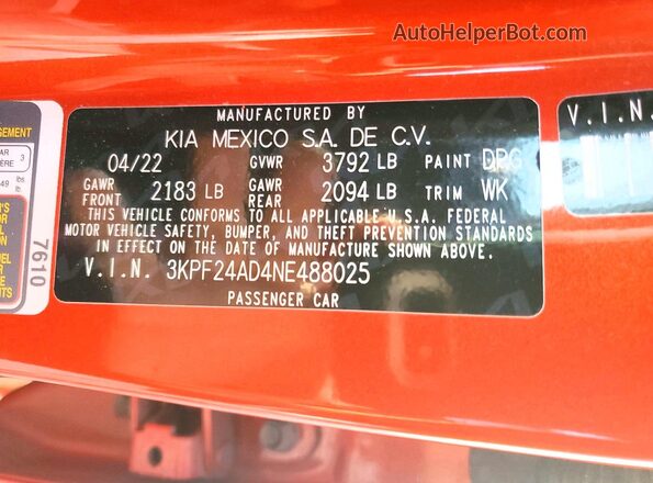 3KPF24AD4NE488025 2022 KIA FORTE Orange Вид наклейки з VIN-кодом