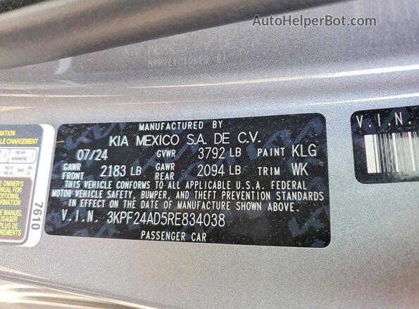 3KPF24AD5RE834038 2024 KIA FORTE Gray Շարժիչի բաժամունքի տեսք