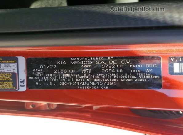 3KPF24AD6NE457391 2022 KIA FORTE Orange Вид наклейки з VIN-кодом