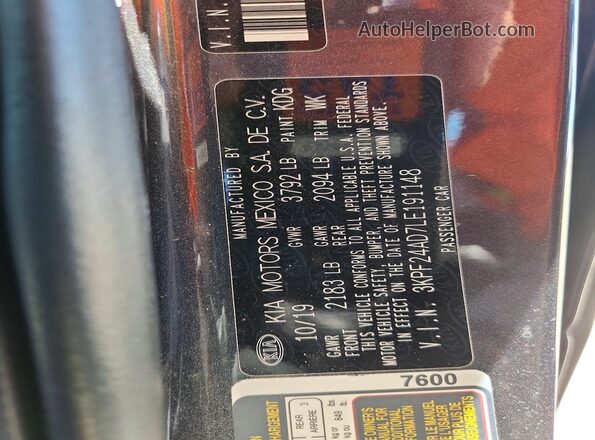3KPF24AD7LE191148 2020 KIA FORTE Gray Widok naklejki z numerem VIN