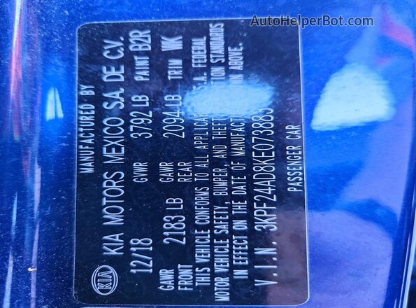 3KPF24AD8KE073883 2019 KIA FORTE Синий Вид наклейки с VIN-кодом