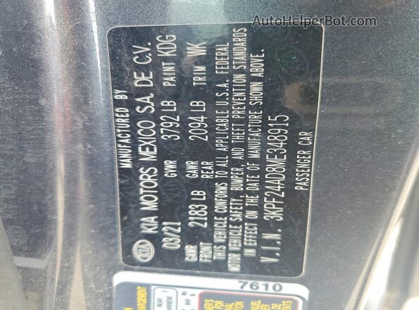 3KPF24AD8ME348915 2021 KIA FORTE Gray Widok naklejki z numerem VIN