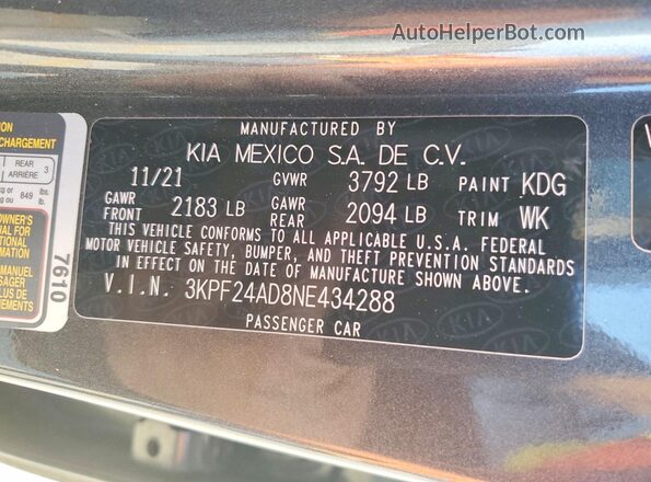 3KPF24AD8NE434288 2022 KIA FORTE Gray Vista del compartimento del motor