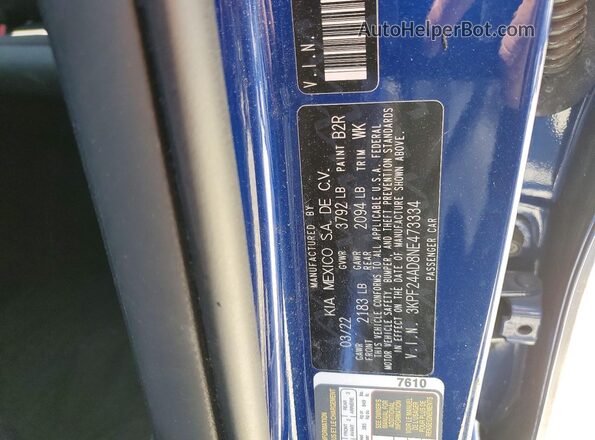 3KPF24AD8NE473334 2022 KIA FORTE Blue ძრავის განყოფილების ხედი