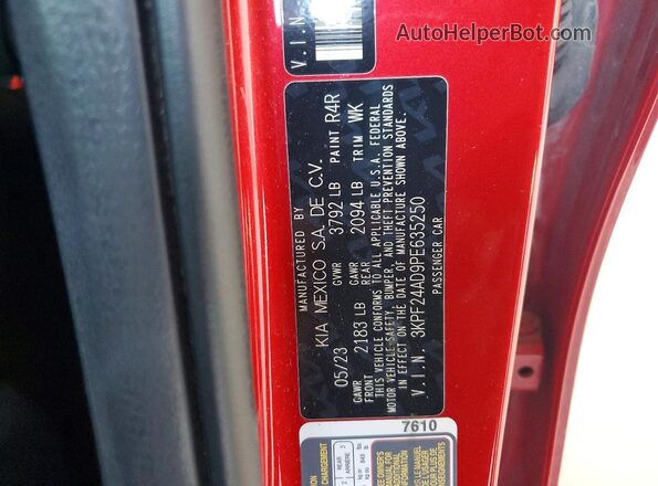 3KPF24AD9PE635250 2023 KIA FORTE Red Vista de la etiqueta del VIN