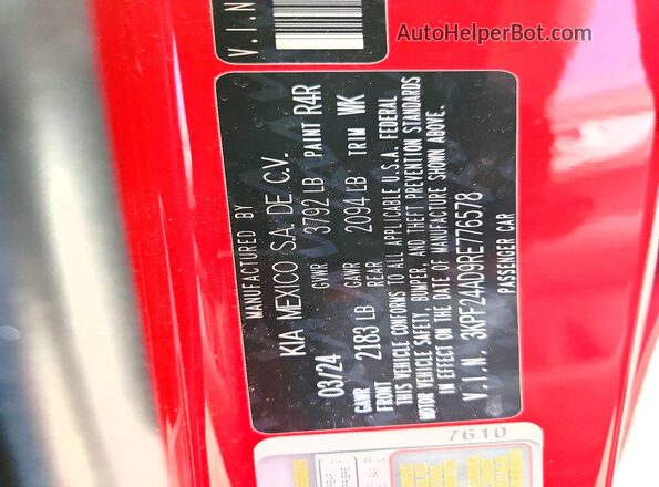 3KPF24AD9RE776578 2024 KIA FORTE Red Вид наклейки з VIN-кодом