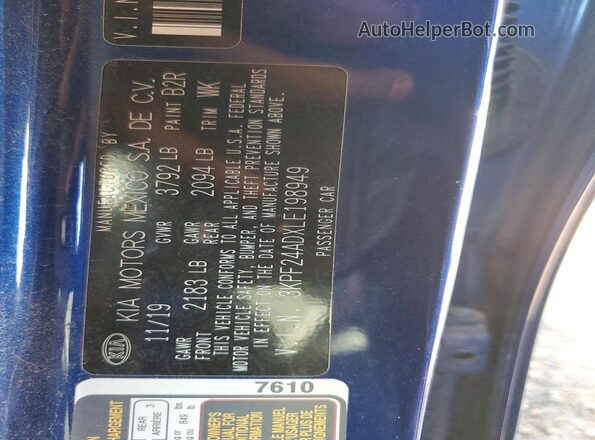 3KPF24ADXLE198949 2020 KIA FORTE Blue Engine compartment view