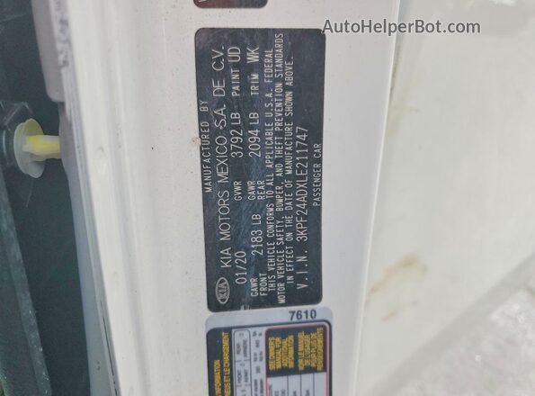3KPF24ADXLE211747 2020 KIA FORTE White Вид наклейки з VIN-кодом
