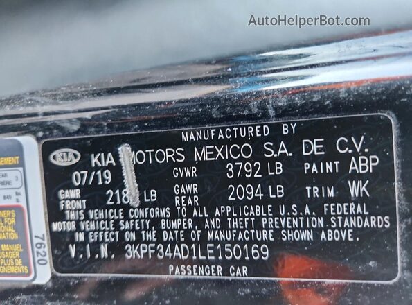 3KPF34AD1LE150169 2020 KIA FORTE Black VIN კოდის სტიკერის ხედი