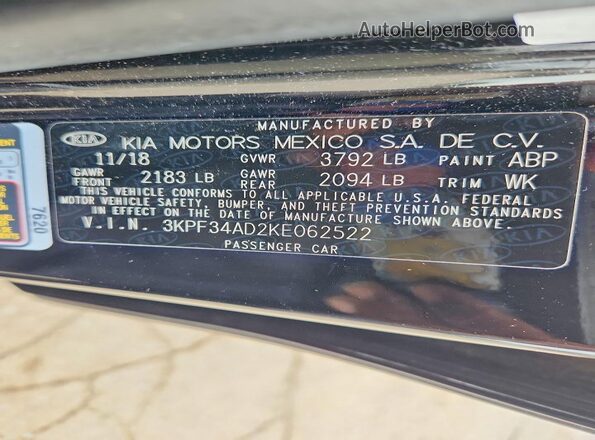 3KPF34AD2KE062522 2019 KIA FORTE Black Widok naklejki z numerem VIN