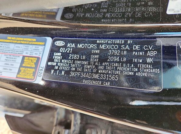 3KPF34AD3ME331565 2021 KIA FORTE Black Вид підкапотного простору
