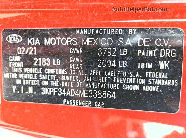 3KPF34AD4ME338864 2021 KIA FORTE Orange VIN კოდის სტიკერის ხედი