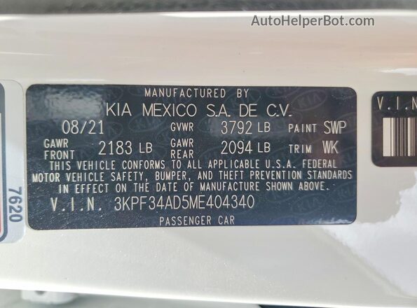 3KPF34AD5ME404340 2021 KIA FORTE White Widok naklejki z numerem VIN