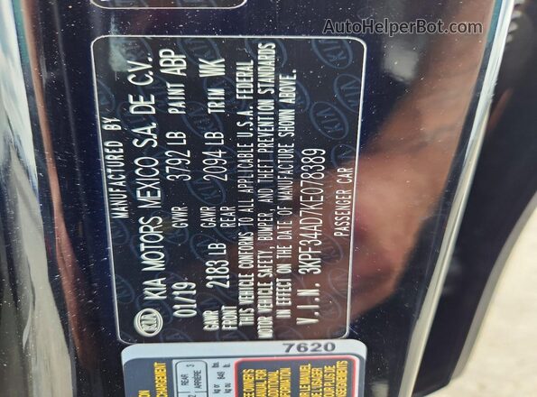 3KPF34AD7KE078389 2019 KIA FORTE Black Engine compartment view