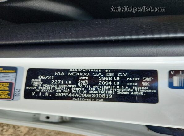 3KPF44AC0ME390819 2021 KIA FORTE White Вид наклейки з VIN-кодом