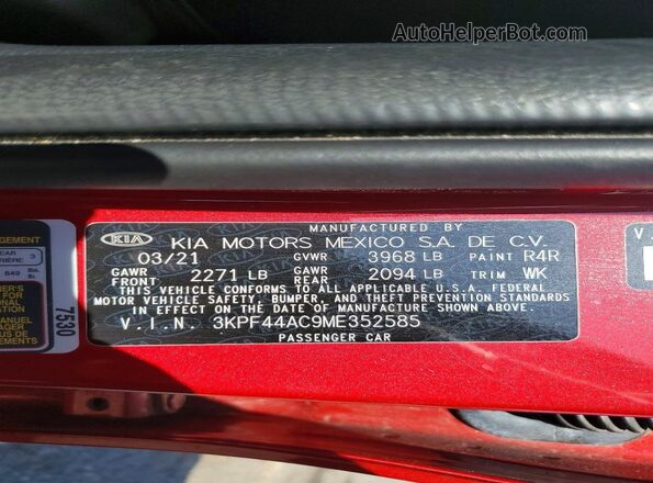 3KPF44AC9ME352585 2021 KIA FORTE Red VIN კოდის სტიკერის ხედი