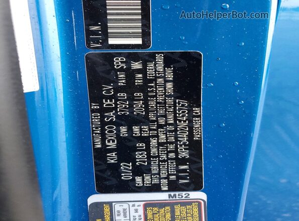 3KPF54AD2NE455757 2022 KIA FORTE Синий Вид подкапотного пространства