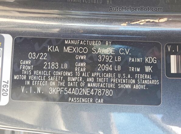 3KPF54AD2NE478780 2022 KIA FORTE Gray Вид підкапотного простору