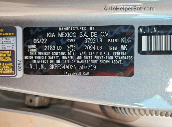 3KPF54AD3NE507719 2022 KIA FORTE Gray VIN კოდის სტიკერის ხედი