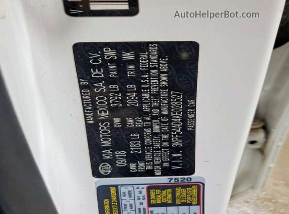 3KPF54AD4KE028527 2019 KIA FORTE White VIN კოდის სტიკერის ხედი
