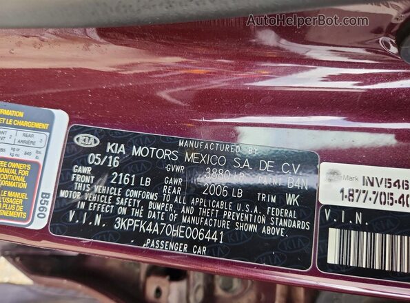 3KPFK4A70HE006441 2017 KIA FORTE Burgundy VIN კოდის სტიკერის ხედი
