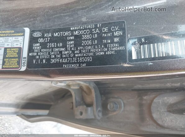 3KPFK4A71JE185093 2018 KIA FORTE Brown Widok komory silnika