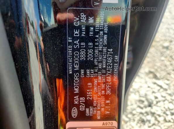 3KPFL4A7XJE246714 2018 KIA FORTE Black VIN კოდის სტიკერის ხედი