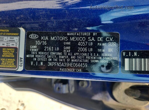 3KPFN5A39HE064459 2017 KIA FORTE Blue ძრავის განყოფილების ხედი