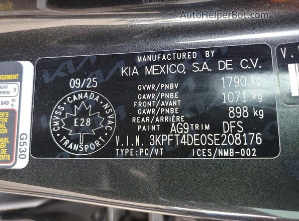 3KPFT4DE0SE208176 2025 KIA K4 Угольный Вид наклейки с VIN-кодом
