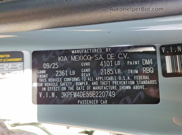 3KPFW4DE5SE220749 2025 KIA K4 Teal VIN კოდის სტიკერის ხედი