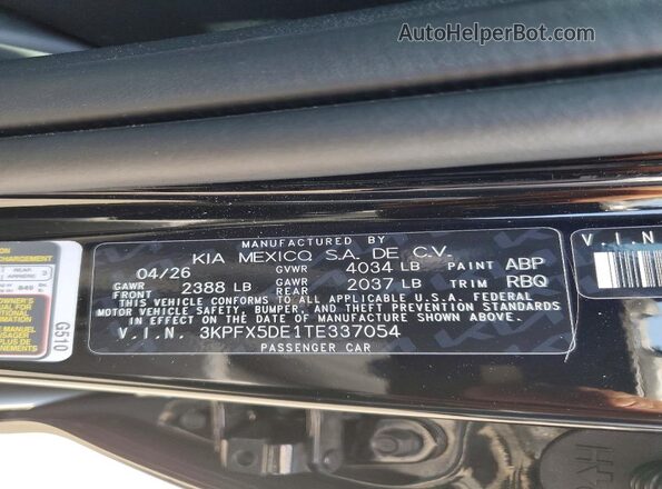 3KPFX5DE1TE337054 2026 KIA K4 Black VIN sticker view