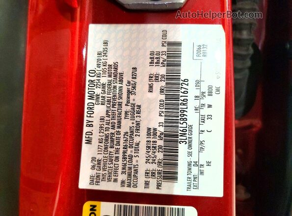 3LN6L5B99LR616726 2020 LINCOLN MKZ Red VIN კოდის სტიკერის ხედი