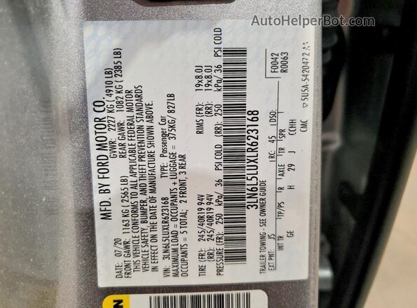 3LN6L5LUXLR623168 2020 LINCOLN MKZ Silver ძრავის განყოფილების ხედი