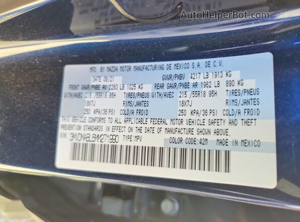 3MVDMABL6MM271990 2021 MAZDA CX-30 Blue Вид наклейки з VIN-кодом