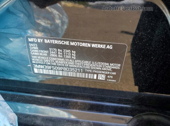 3MW39FS09P8D35211 2023 BMW 3 SERIES Black Вид наклейки з VIN-кодом