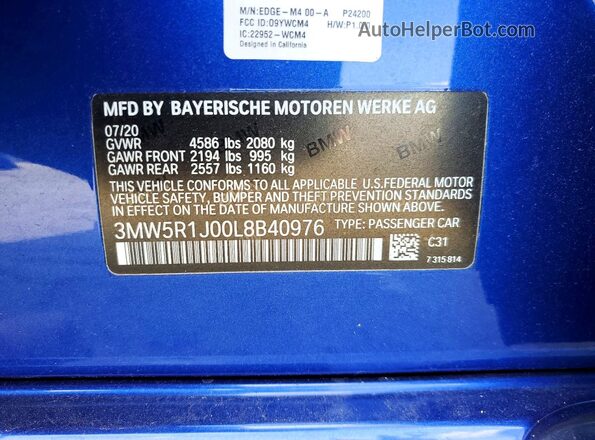 3MW5R1J00L8B40976 2020 BMW 3 SERIES Blue Շարժիչի բաժամունքի տեսք