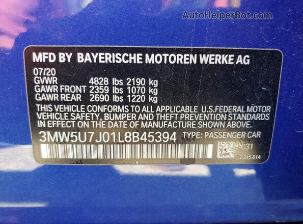 3MW5U7J01L8B45394 2020 BMW M3 Blue Vista del compartimento del motor