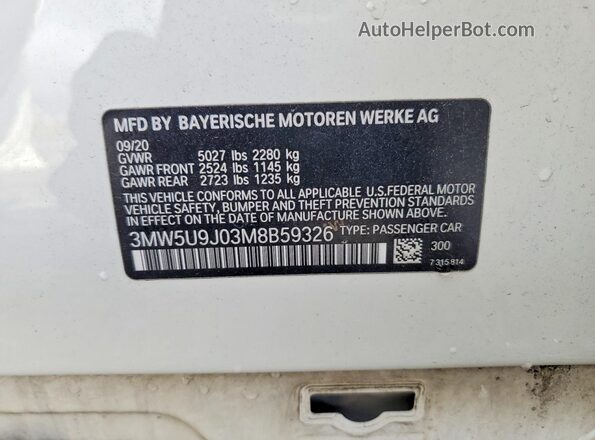 3MW5U9J03M8B59326 2021 BMW M3 White Вид наклейки з VIN-кодом