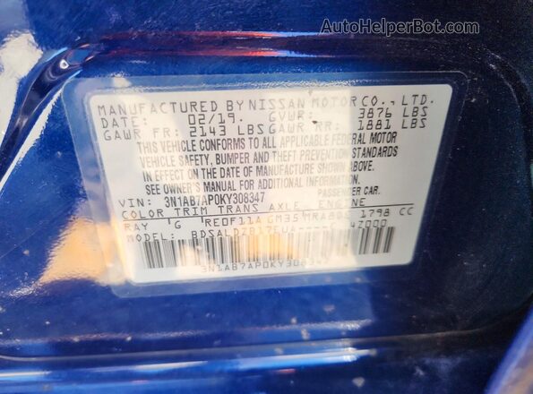 3N1AB7AP0KY308347 2019 NISSAN SENTRA Blue Вид підкапотного простору