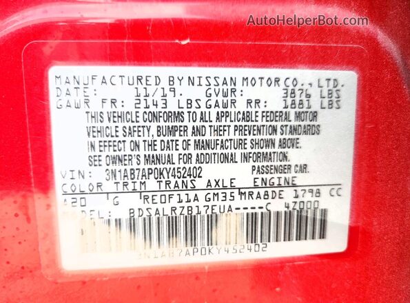 3N1AB7AP0KY452402 2019 NISSAN SENTRA Red Շարժիչի բաժամունքի տեսք