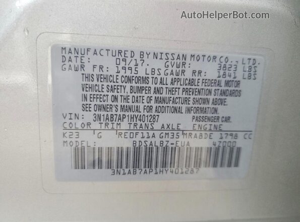 3N1AB7AP1HY401287 2017 NISSAN SENTRA Silver Вид підкапотного простору